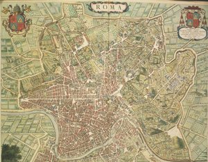 Mapa de Roma, grabado de Theatrum civitatum et admirandorum Italiae por Joan Blaeu, impreso en Italia de Joan Blaeu