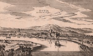 Vista en perspectiva de la ciudad y puerto de Ostia, Lacio, Italia