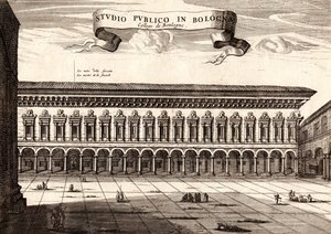 El Palacio Archiginnasio, Bolonia, Emilia-Romaña, Italia, grabado en cobre de Joan Blaeu
