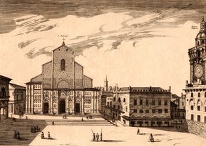 La Basílica de San Petronio en Piazza Maggiore, Bolonia, Emilia-Romaña, Italia, grabado en cobre