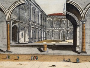 Vista del patio interior de la antigua Universidad en Bolonia, Joan Blaeu, grabado, Italia de Joan Blaeu