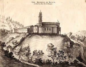 Vista del Monasterio de San Michele in Bosco, Bolonia, Emilia-Romaña, Italia, grabado en cobre, ca 21x29 cm de Joan Blaeu