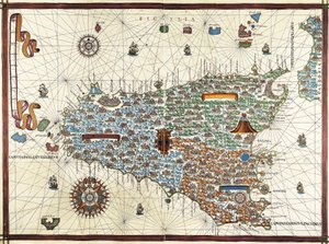 Isla de Sicilia. (Sicilia) Mapa de navegación de Joan Martines (1556-1591) de Joan Martines
