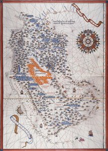 Mapa de la Península Arábiga, con rosa de los vientos y detalles de puertos y costas, en Atlas de Joan Martines de Joan Martines