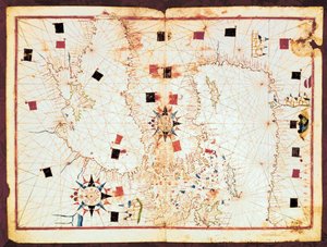 Mapa de la parte oriental del Mediterráneo y el Mar Negro, manuscrito de un atlas portulano del siglo XVI