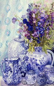 Delphiniums con Macetas Azules Antiguas, 2000