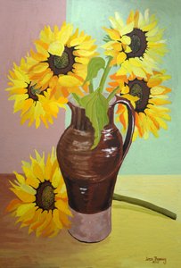 Cinco girasoles en una jarra marrón alta, 2007
