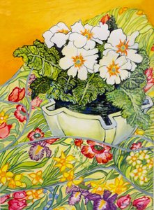 Primavera pálida en una maceta con textil de flores de primavera