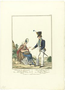 Soldado en un vendedor de arenques Soldado de las tropas coloniales holandesas y vendedor de arenques de Scheveningen (título sobre el objeto) Uniformes y disfraces (título de la serie) de Joannes Bemme