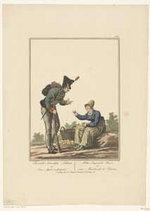 Soldado de pie con una vendedora de manzanas sentada Soldado imperial ruso y vendedor de manzanas (título sobre el objeto) Uniformes y disfraces (título de la serie) de Joannes Bemme