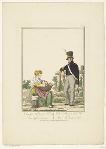 Soldado de pie con vendedor de café sentado Veterano holandés de Koninglyke y vendedor de café (título sobre el objeto) Uniformes y disfraces (título de la serie) de Joannes Bemme