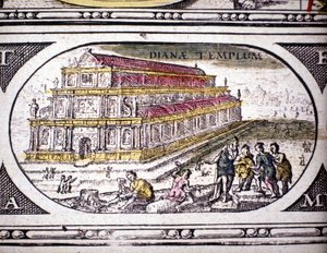 Representación de las Siete Maravillas de la Antigüedad: el Templo de Diana (Artemisa) en Éfeso. en el Atlas de Jansson Jannsonius impreso en Ámsterdam en 1630. Colección privada.