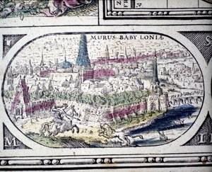 Representación de las Siete Maravillas de la Antigüedad: los Jardines de Babilonia. en el Atlas de Jansson Jannsonius impreso en Ámsterdam en 1630