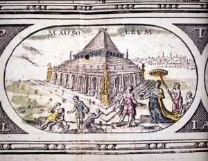 Representación de las Siete Maravillas de la Antigüedad: el Mausoleo de Halicarnaso. en el Atlas de Jansson Jannsonius impreso en Ámsterdam en 1630. Colección privada. de Joannes Jansson