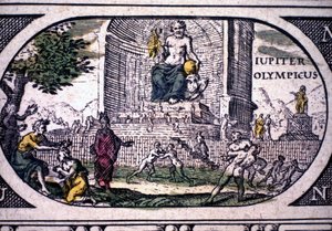 Representación de las siete maravillas de la Antigüedad: la estatua de Júpiter (Zeus) por Fidias - en "L