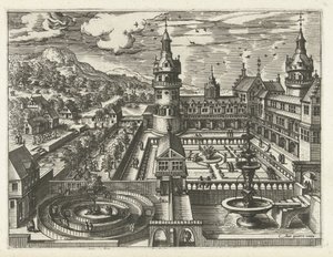 Castillo con laberinto y fuente Paisajes, paisajes marinos y paisajes urbanos imaginativos (título de la serie)