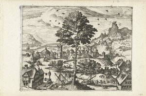 Paisaje con un pueblo en un río Paisajes, paisajes marinos y paisajes urbanos imaginativos (título de la serie) de Joannes van Doetechum (I) (attributed to)