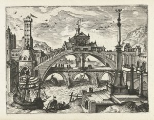 Ciudad con puente construido Paisajes, paisajes marinos y paisajes urbanos imaginativos (título de la serie) de Joannes van Doetechum (I) (attributed to)