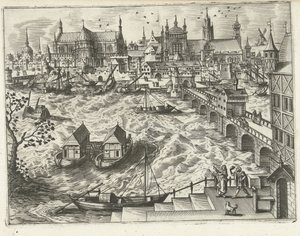Paisaje urbano con puente y puerto. Paisajes, paisajes marinos y paisajes urbanos imaginativos (título de la serie) de Joannes van Doetechum (I) (attributed to)