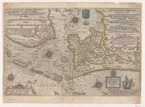 Mapa de Vlie y Marsdiep Descripciónhe vande vermaerde stroemen, Tvlie and the Tmaersdiep, upstreckende In the Zuijder Zee navegó en Enchuijsen a Amstelredam, con todas las placas de arena y las aguas poco profundas en el selve stroemen gheleghen (título so de Joannes van Doetechum (I)