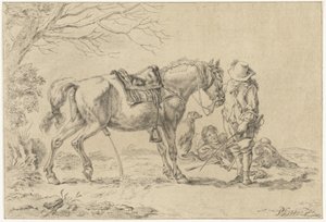 Jinete al lado de un caballo meando de Joannis Jacobus Bijlaert