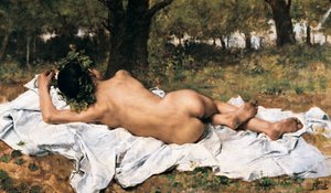 "Joven Baco" Baco de espaldas se alarga sobre una hoja en la hierba. Pintura de Joaquín Agrasot y Juan (1836-1919) alrededor de 1872. Valencia. Museo de Bellas Artes San Pio V. de Joaquin Agrasot y Juan