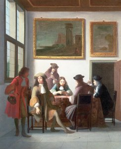 Un Interior Elegante con Hombres Jugando a las Cartas de Job Berckheyde