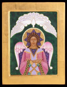 Ángel del silencio, 2015 (temple al huevo y oro de 24 quilates sobre madera) de Jodi Simmons