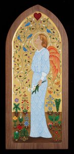 Ángel de jardín, 2015 (temple al huevo y oro de 24 quilates sobre madera) de Jodi Simmons