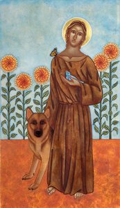 San Francisco y el lobo de Gubbio, 2009 (temple al huevo y oro de 24 quilates sobre madera) de Jodi Simmons