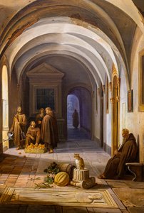 Monjes franciscanos en el claustro de Santa Maria d