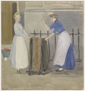 Dos sirvientas, golpeando una estera frente a una casa de la ciudad de Johan Antonie de Jonge