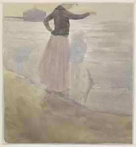 Mujer con dos niños y un perro en la playa