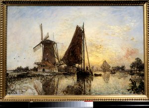 Paisaje holandés, barcos cerca del molino de Johan Barthold Jongkind