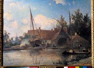 Paisaje holandés con un gran barco calafateando de Johan Barthold Jongkind