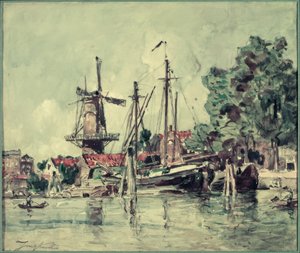 En Holanda, los barcos cerca del molino de Johan Barthold Jongkind