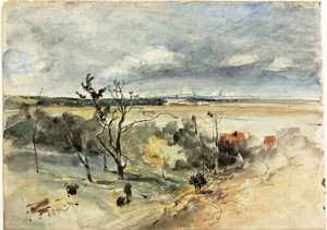 Paisaje con hombre en un burro (recto) Dos mujeres en un café (verso) de Johan Barthold Jongkind
