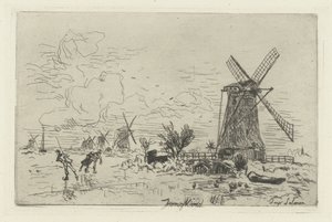 Paisaje con molinos de viento y patinadores Batavia de Johan Barthold Jongkind
