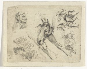 Hoja de estudio con caballos, un hombre y una rama. de Johan Bernard Scheffer