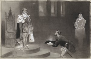 Diseño para la ilustración en De Amsterdammer: El regalo de los transvalores para el rey Eduardo de Johan Braakensiek