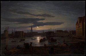El puerto de Copenhague a la luz de la luna de Johan Christian Dahl
