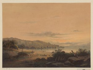 Vista de una bahía en Java La pequeña bahía de Srigonjo, South K. v. Java (regencia de Malang, resid. Passarouang.) (título sobre el objeto) de Johan Conrad Greive