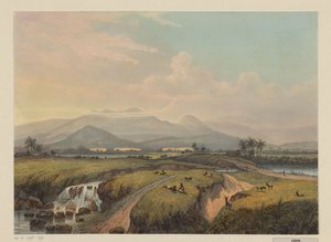 Vista de las montañas en Java Vista de las montañas Kawische y la compañía tabacalera (residencia auxiliar Malang) (título sobre el objeto) de Johan Conrad Greive