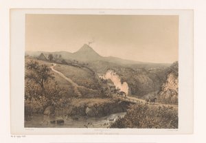Paisaje cerca de Malang Paisaje en el Malangsche; Residencia Pasoeroean Paisaje en Malangsche (título sobre objeto) Java después de pinturas y dibujos de A. Salm (título de la serie) de Johan Conrad Greive