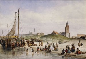 Pescadores en una playa con una ciudad al fondo, 1857 de Johan Gerard Smits