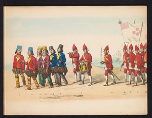 Mascarada de los estudiantes de Delft, 1857 (lámina 1) Procesión de disfraces realizada por los miembros del cuerpo de estudiantes de Delft el 5 de mayo de 1857, que representa la procesión de Garebeg del sultán de Djokjokarta y los tipos más característic de Johan Hendrik Hoffmeister