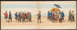 Mascarada de los estudiantes de Delft, 1857 (lámina 5) Procesión de disfraces realizada por los miembros del cuerpo de estudiantes de Delft el 5 de mayo de 1857, que representa la procesión de Garebeg del sultán de Djokjokarta y los tipos más característic