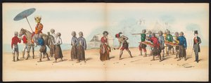 Mascarada de los estudiantes de Delft, 1857 (lámina 6) Procesión de disfraces realizada por los miembros del cuerpo de estudiantes de Delft el 5 de mayo de 1857, que representa la procesión de Garebeg del sultán de Djokjokarta y los tipos más característic