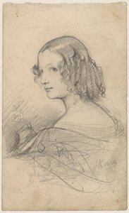 Retrato de una mujer joven con tirabuzones, mirando hacia la izquierda de Johan Hendrik Koelman