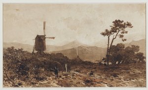 Paisaje de colinas con un molino a la izquierda de Johan Hendrik Weissenbruch
